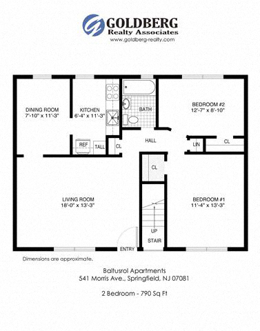 Floor plan for 2 beds, 1 bath, 790 sqft